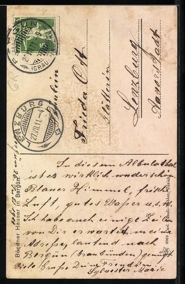 Cartoline postali: AK Bergün, Bündner Häuser, 1911 – Usato da Berlin venduto da bartko-reher 1