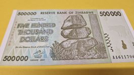 Seltene 500'000 Dollar Note Simbabwe, Jahr 2008, Top