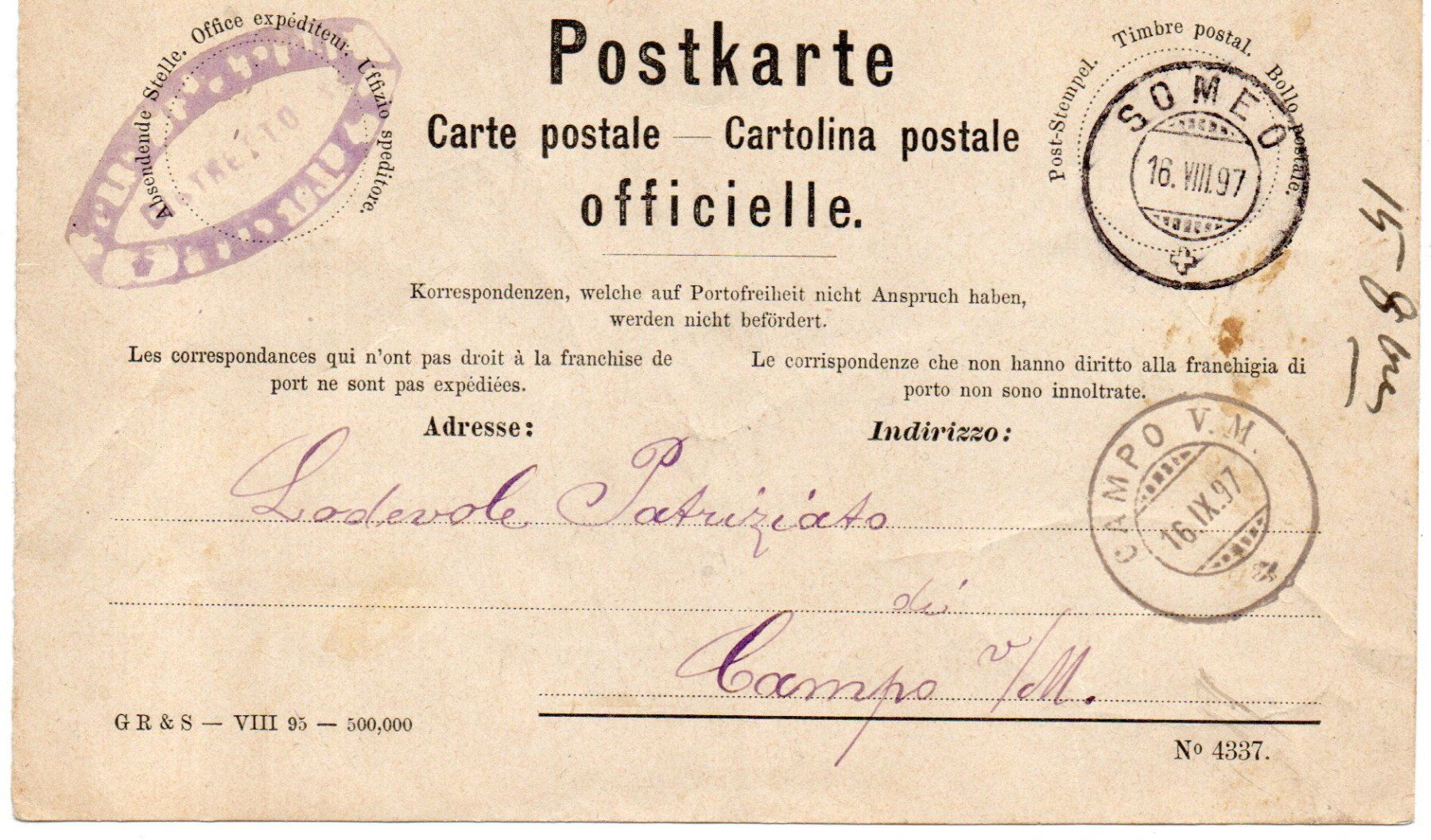 Tutti i francobolli: 1897 Cartolina postale Someo per Campo V.M. – Usato da Melano venduto da pisonsdro