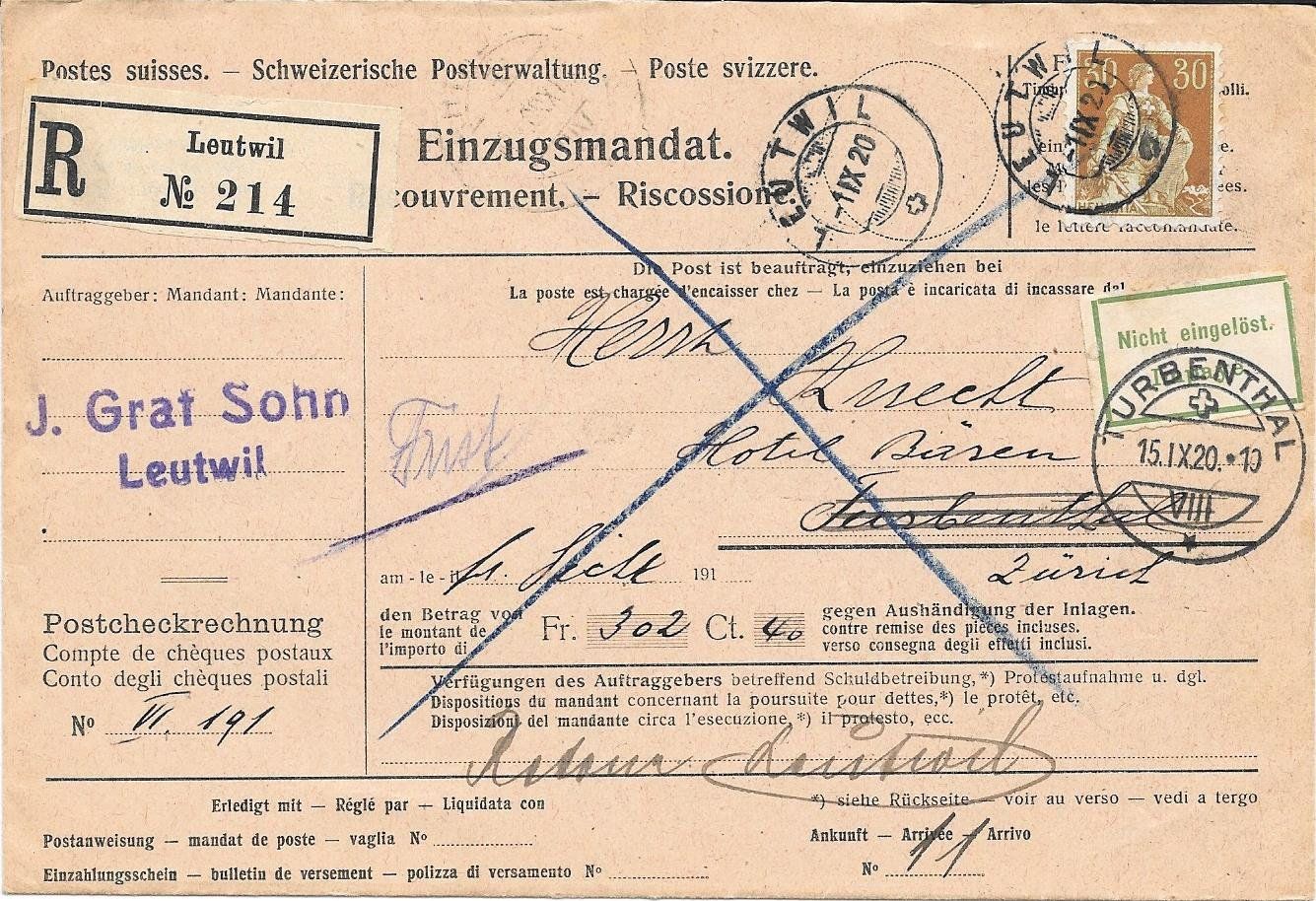 Tutti i francobolli: 4 Einzugsmandate – Usato da Engelberg venduto da Muettliger 2