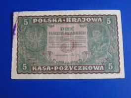 Polnische Banknote 5 Zloty 1919, Rarität für Sammler!