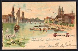 Litho Zürich, Stadt-Panorama mit Steg u