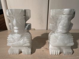 2x Statues Visage Aztèque Albâtre Sculpté à la Main Vintage