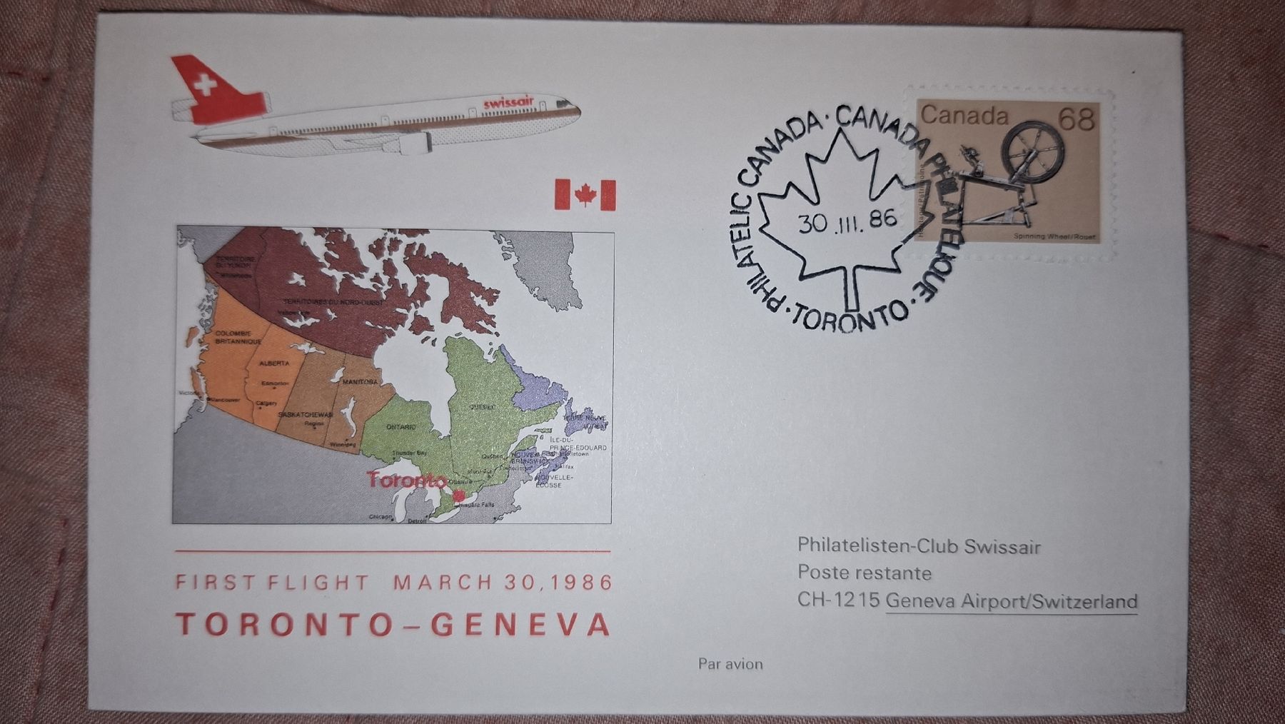 Tutti i francobolli: Swissair Toronto - Geneva 30.03.1986 – Usato da Balgach venduto da SIMEON27