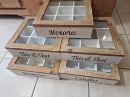 5 Holzkästchen, Teebox mit Glasdeckel und Fächern neuwertig