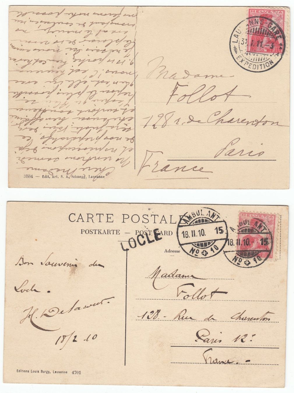 Cartoline postali: 3 Ansichtskarten 1910/11 - Locle – Usato da Beringen venduto da Goeppeli 1