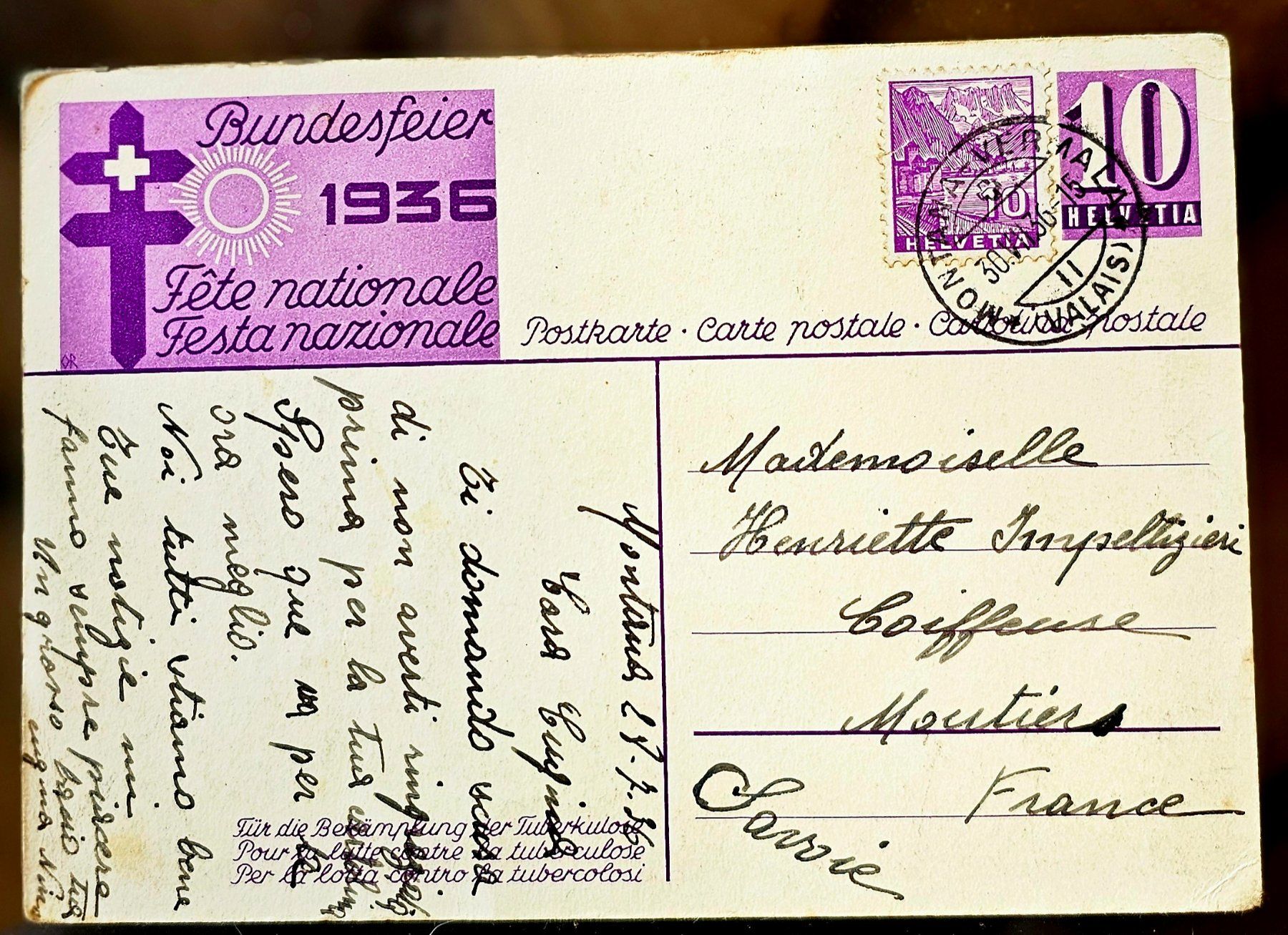 Tutti i francobolli: Schweiz - Bundesfeierkarte, 1936 – Usato da Les Valettes venduto da Nuba1 1