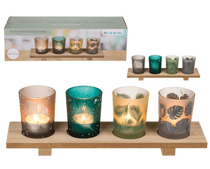 GILDE 6-teiliges Deko-Set Natur – Mit Holztablett, Glasvasen, Teelichthaltern & Trockenblumen