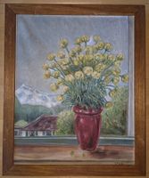 Original Ölbild E. Fischli – Blumenstillleben vor Alpinkulis