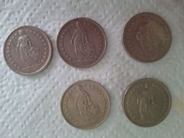 5 x 2 Franken Münzen, Jahre 1968-1979 Fehlprägungen.