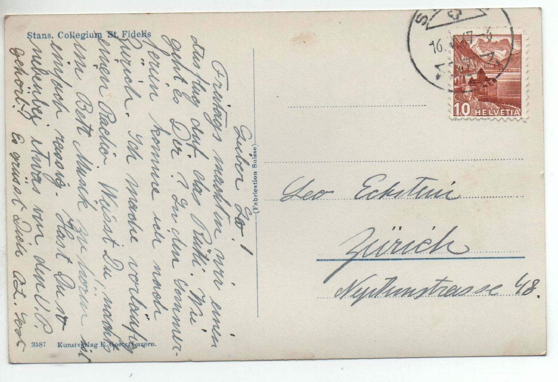 Cartoline postali: STANS Collegium St. Fidelis – Usato da Jona venduto da philajona 1