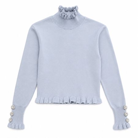 ZARA Feinstrickpullover Hellblau mit Volants | M/38