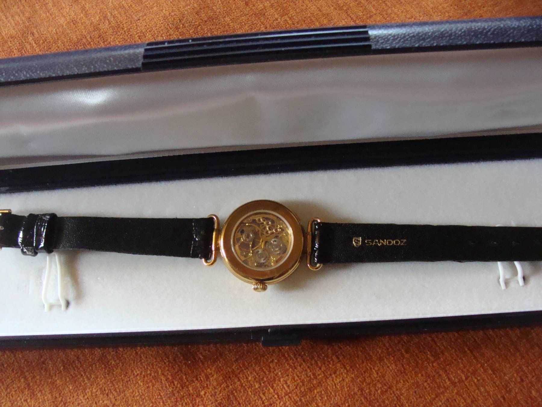 Montre Mécanique Ancienne Sandoz Pour Femme - Cadran Bleu, Bracelet Cuir Noir, Mouvement Manuel