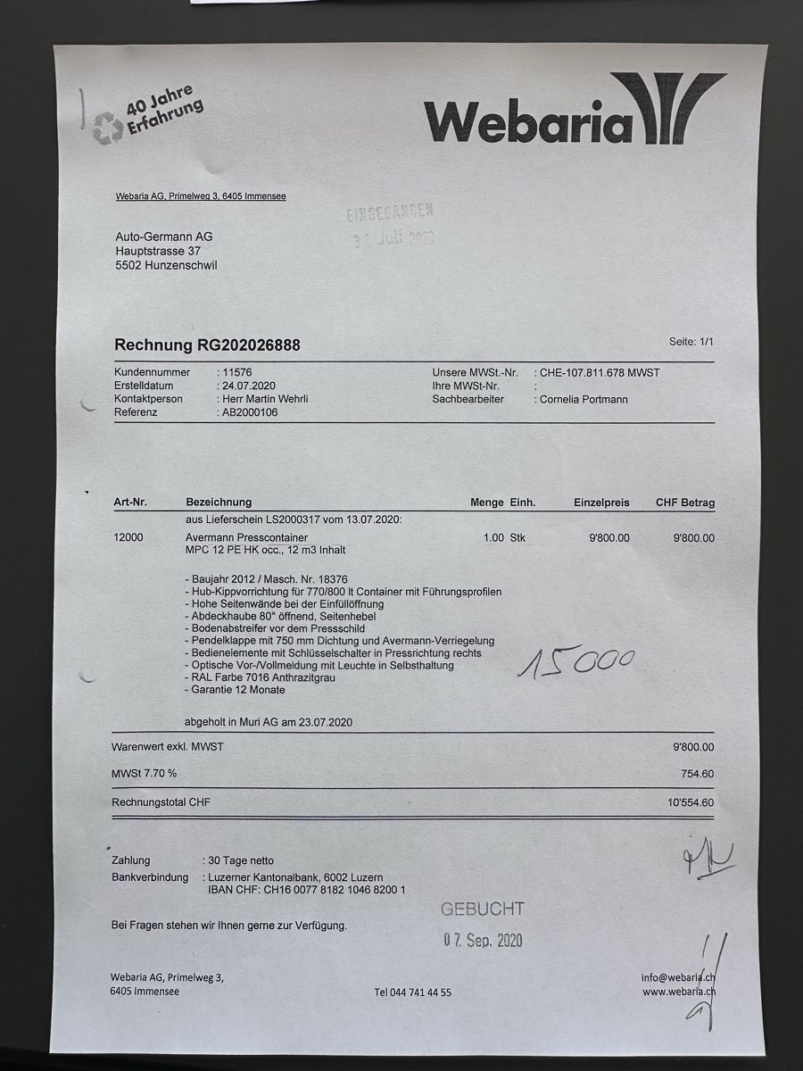 Contenitori edile: Pressmulde 12m3 von Avermann MPC 12 – Usato da Hägglingen venduto da Karin0802 6