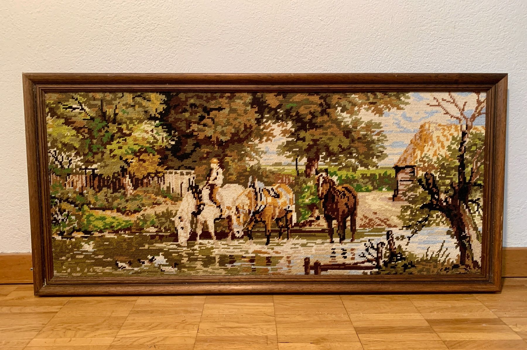 Gemälde: Gobelin Gemälde / Landschaft mit Pferden in einem Fluss – Gebraucht aus Zürich von Les_Zurichois