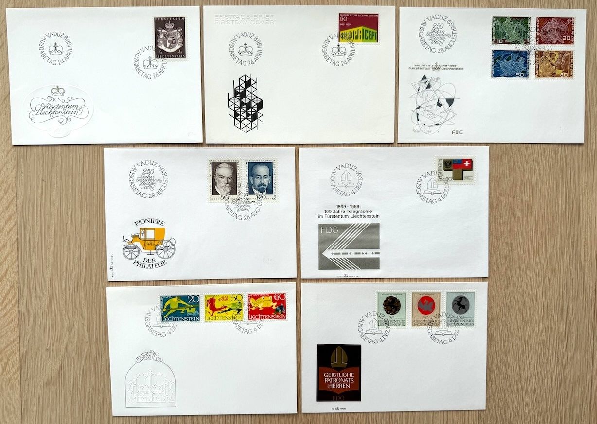 Alle Briefmarken: Liechtenstein - Ersttagsbriefe aus 1969 komplett – Gebraucht aus Zürich von Marfe1
