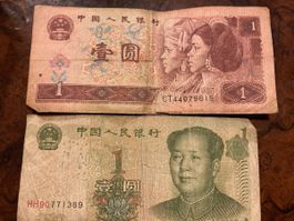 2 x Geldschein 1 Yuan, China, 1996 und 1999