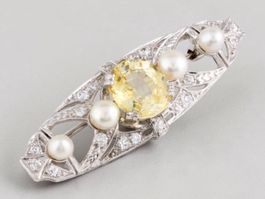 Antik Art Déco Brosche 4.67ct GelbenSaphir Diamanten Perlen