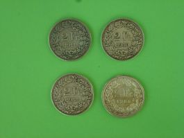 CH-Münzen, 2 Franken, Silber mit Jahrg.1911/40/44/65