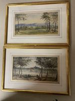 Zwei gerahmte Aquarelle Landschaft mit Kirche und Bergen
