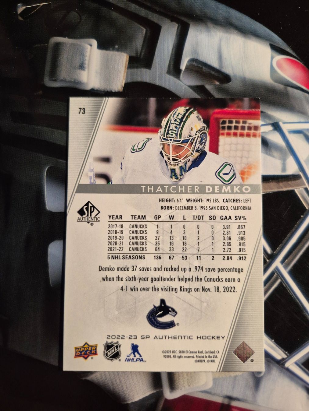 NHL Carte collezionabili: NHL Thatcher Demko Vancouver Canucks – Usato da Treiten venduto da Sauber73 1