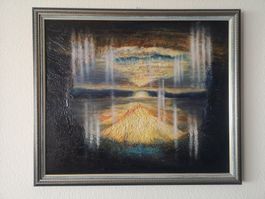 Oel Gemälde Bild Spachteltechnik Vulkan Spiegelbild 68x58cm