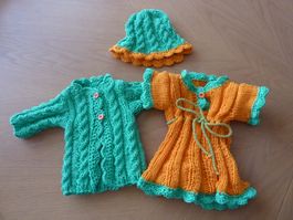 Puppenkleid mit Mantel & Mütze orange/hellgrün ca. 35-40cm