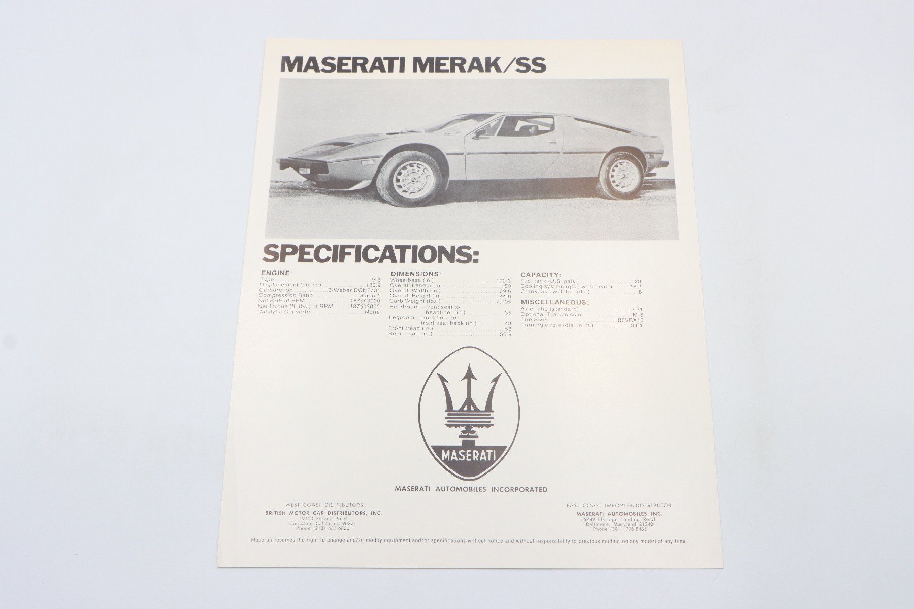 Maserati Dokumente: Maserati Merak SS 1978 Prospektblatt – Gebraucht aus Bühl b.Aarberg von Collectorpassions 2