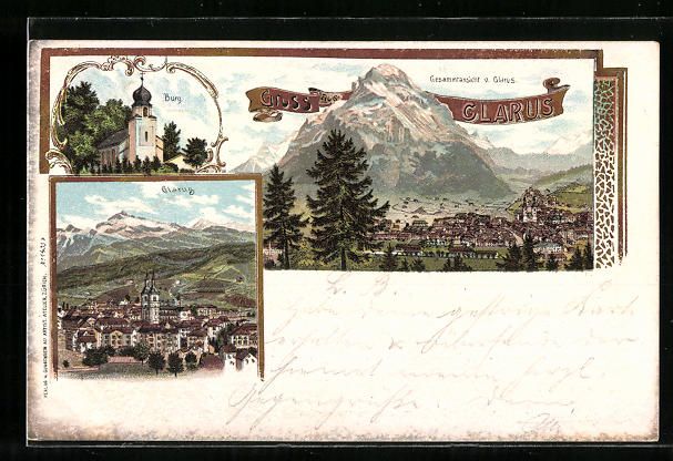 Cartoline postali: Litho Glarus, Gesamtansicht mit Burg – Usato da Berlin venduto da bartko-reher