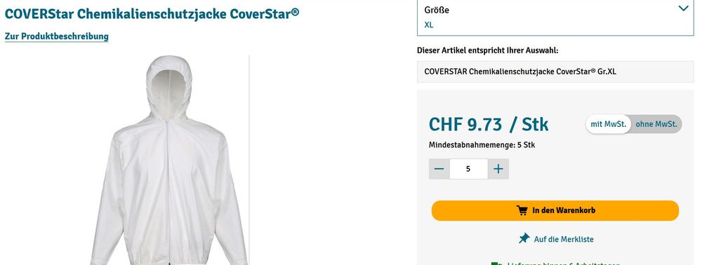 COVERStar Chemikalienschutzjacke CoverStar | Kaufen auf Ricardo