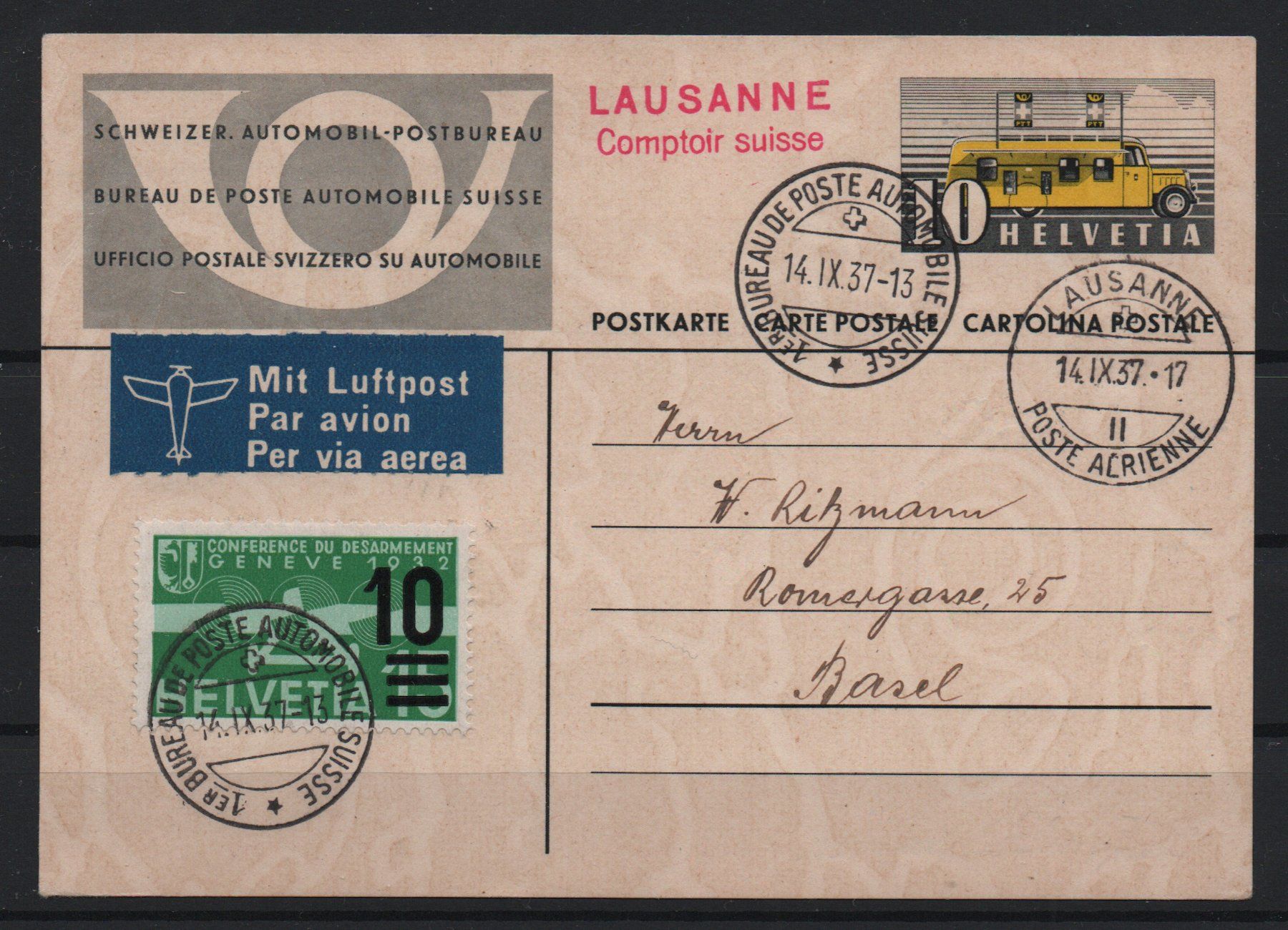 Alle Briefmarken: Flugpost Karte gelaufen 1937 – Gebraucht aus Ebikon von bowito