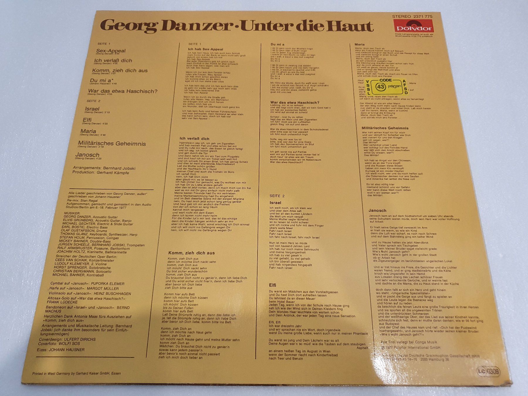 Dischi in vinile: Georg Danzer – Unter Die Haut – Usato da Uster venduto da Vinyl-Leidenschaft 1