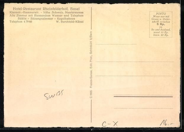 Ansichtskarten: Basel, Hotel-Restaurant Rheinfelderhof,  – Gebraucht aus Berlin von bartko-reher 1