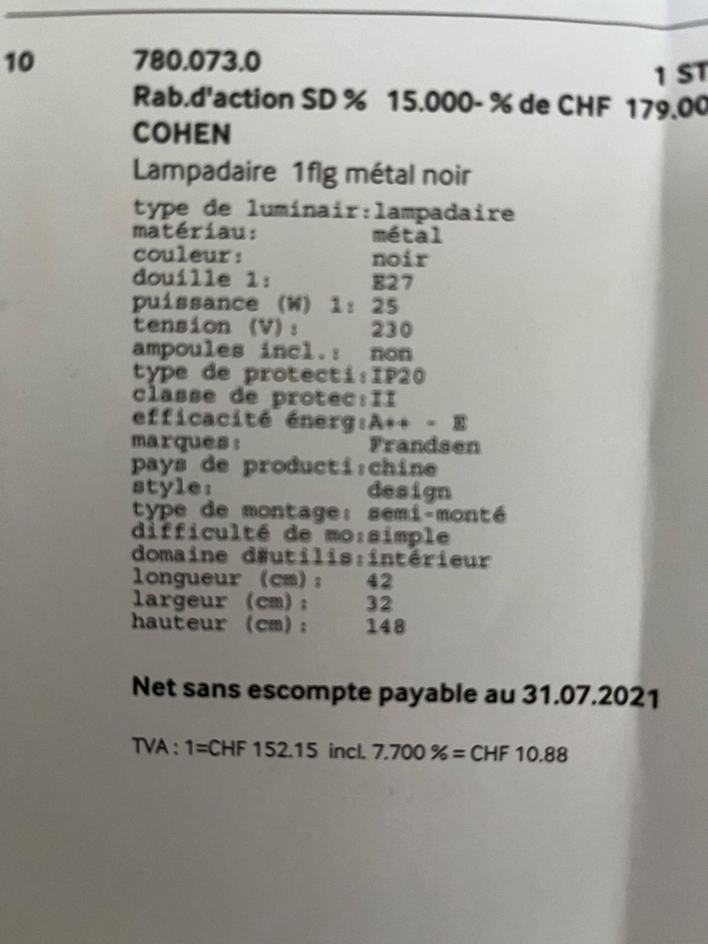 Pfister Lampade: Lampadaire noir – Usato da chexbres venduto da guerin 3