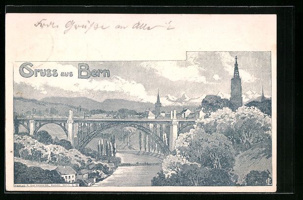 Cartoline postali: Lithographie Bern, Panorama mit Brücke – Usato da Berlin venduto da bartko-reher