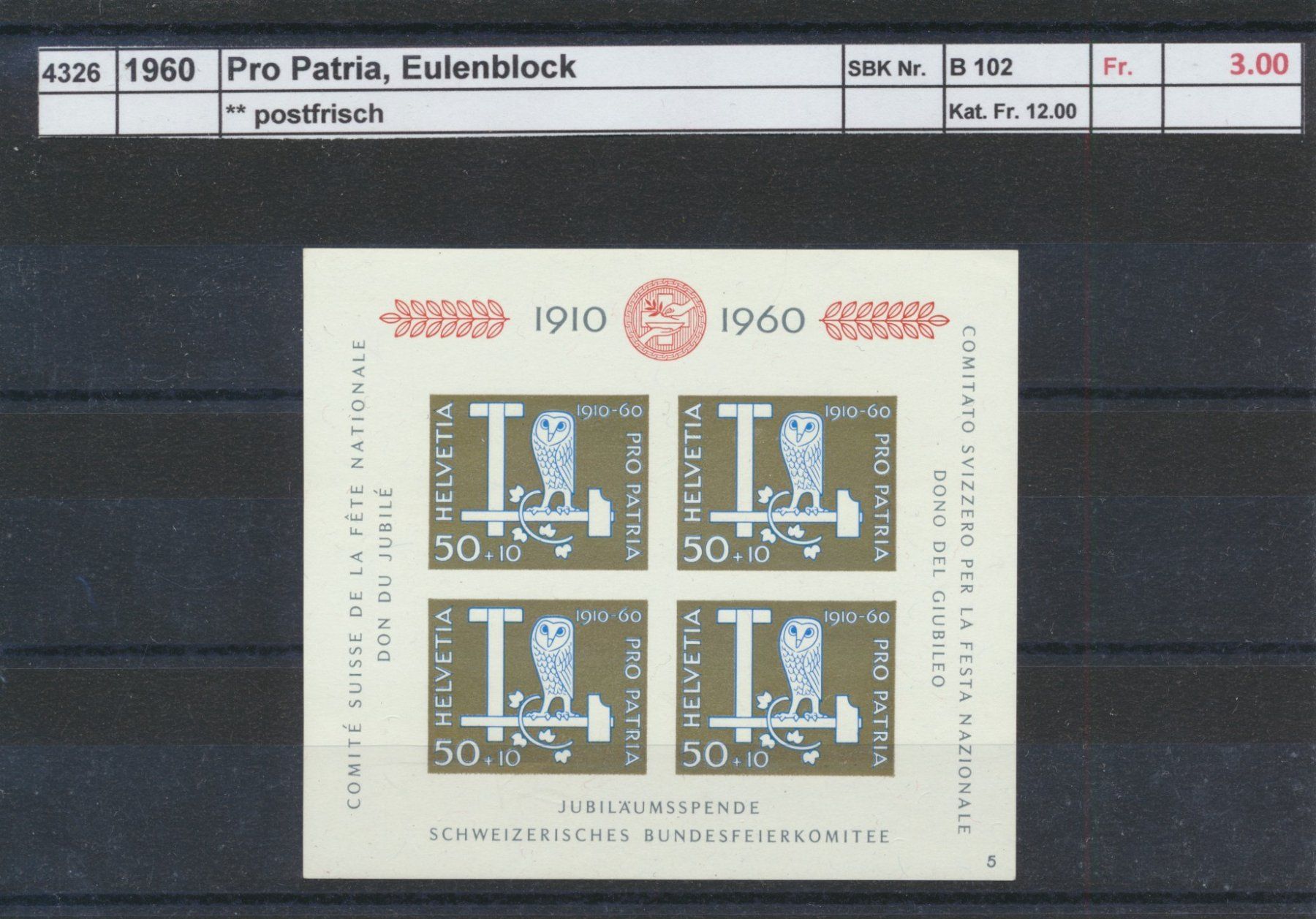 Tous les timbres: 1960 Pro Patria, "Eulenblock" gestempelt – D'occasion à Winterthur par Zupogeru