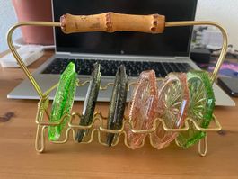 Vintage Glasuntersetzer mit bambus-holz griff und gestell