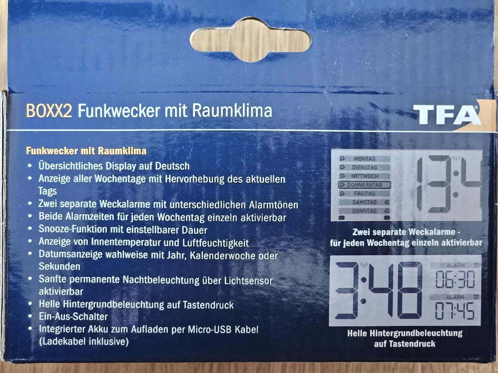 Sveglie: Funkwecker BOXX2 mit Raumklima - USB-Ladekabel. Originalverp – Nuovo e nell'imballaggio originale da Neftenbach venduto da Wummwila 1