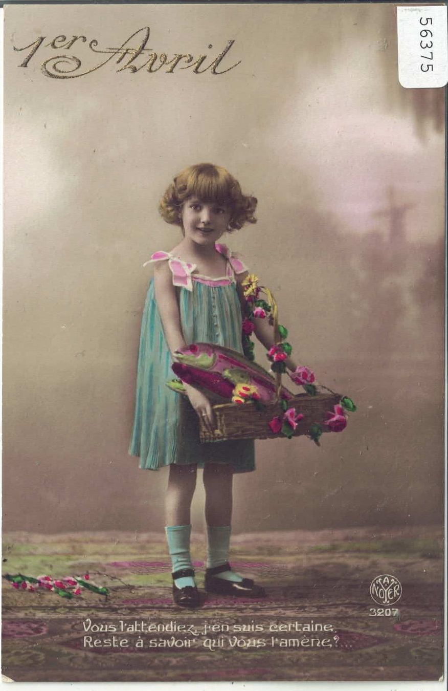 Cartoline postali: 1. April - Mädchen mit Fischkorb - coloriert – Usato da Ettingen venduto da Kartenplanet