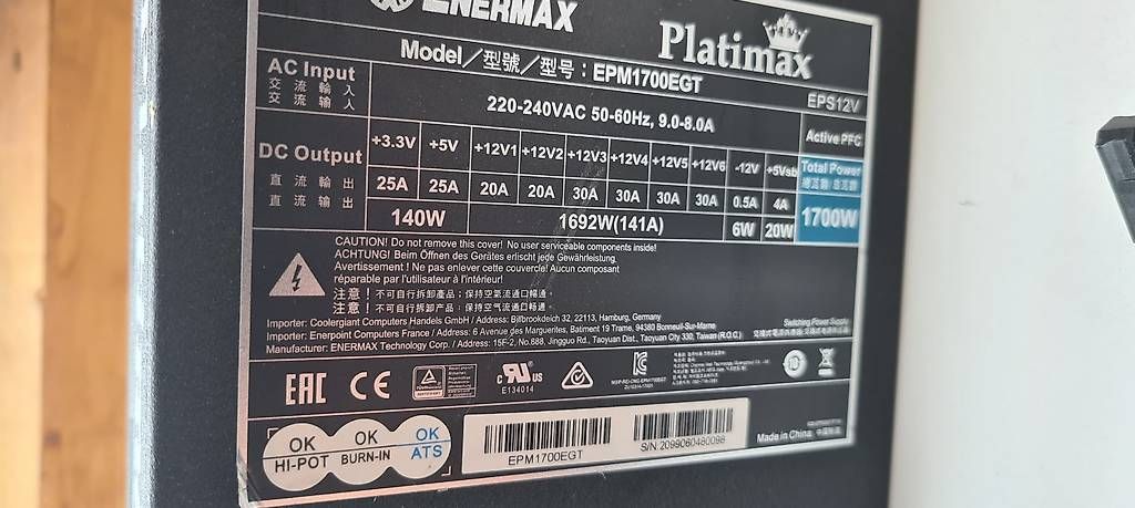 Componenti elettronici: Enermax Platimax 1700W 80 PLUS Platinum | High-End – Usato da Gebenstorf venduto da samkln 2