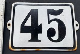 Hausnummernschild Nr. 45, Emaille, weiss, original Vintage