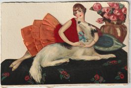 Ak mit Stoff, Collage, Frau mit Hund, Italien, Art Deco