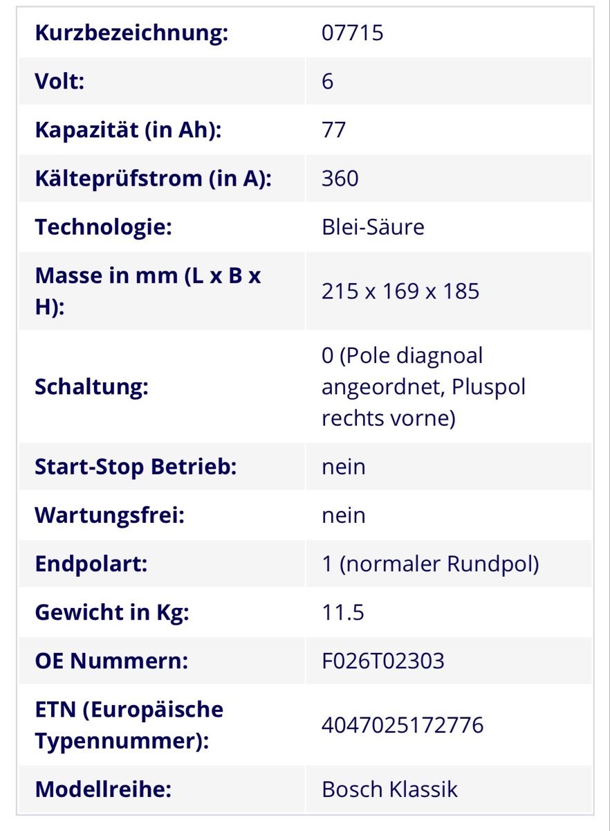 Bosch Batterie: Bosch 6 V Oldtimer Batterie 77 Ah 360 A – Nuovo e nell'imballaggio originale da Winterthur venduto da pat_vlh8 6