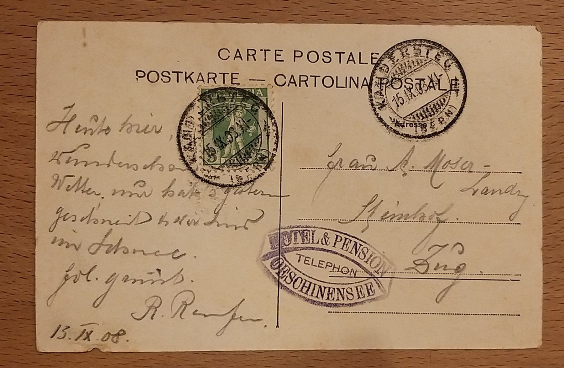 Ansichtskarten: Postkarte Oeschinensee mit Hotelstempel – Gebraucht aus Unterägeri von PhilatelieStudiger 1
