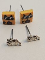 Ohrstecker Katzen Motiv gelb quadratisch silbrig