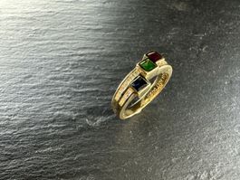 Goldring, 750er Gold, mit Safir, Smaragd, Rubin und Brillant