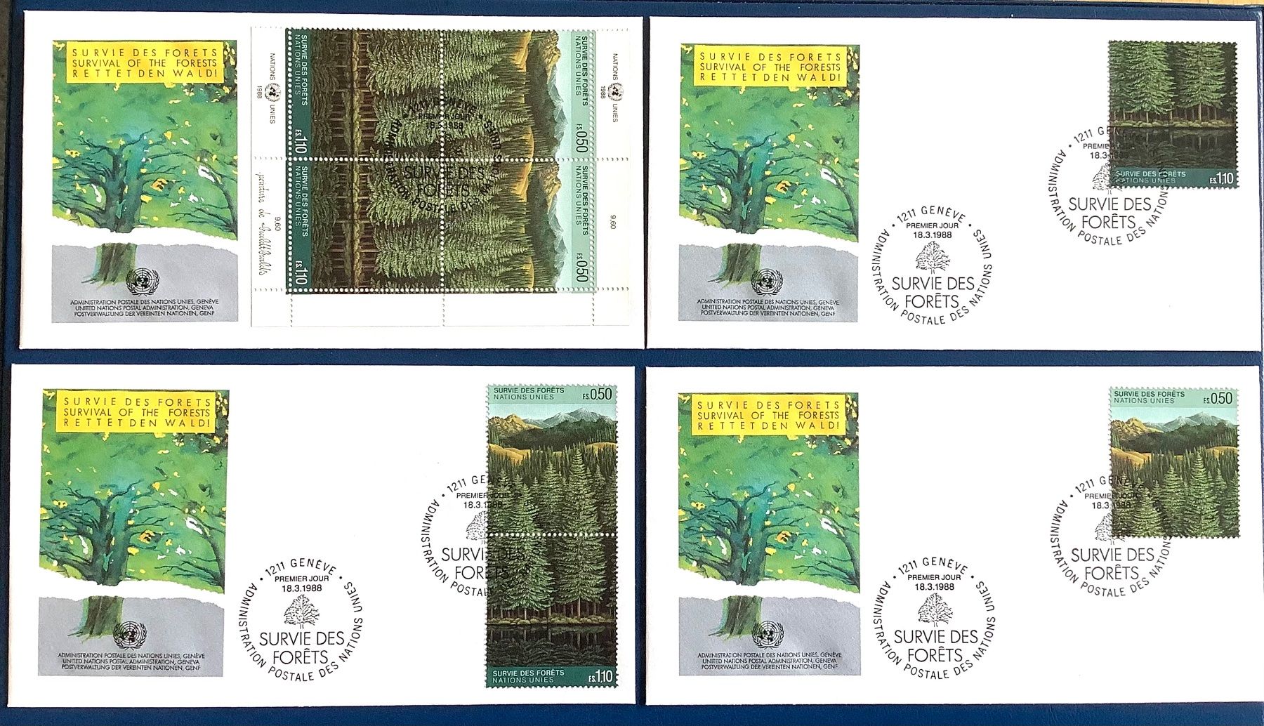 Tutti i francobolli: 1988 ONU Genève / FDC Div. Varianten Rettet den Wald – Nuovo (secondo la descrizione) da Liestal venduto da Skunk02