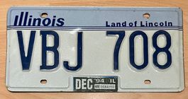 USA - Altes VBJ 708 Illinois Nummernschild, Jahrgang 1994