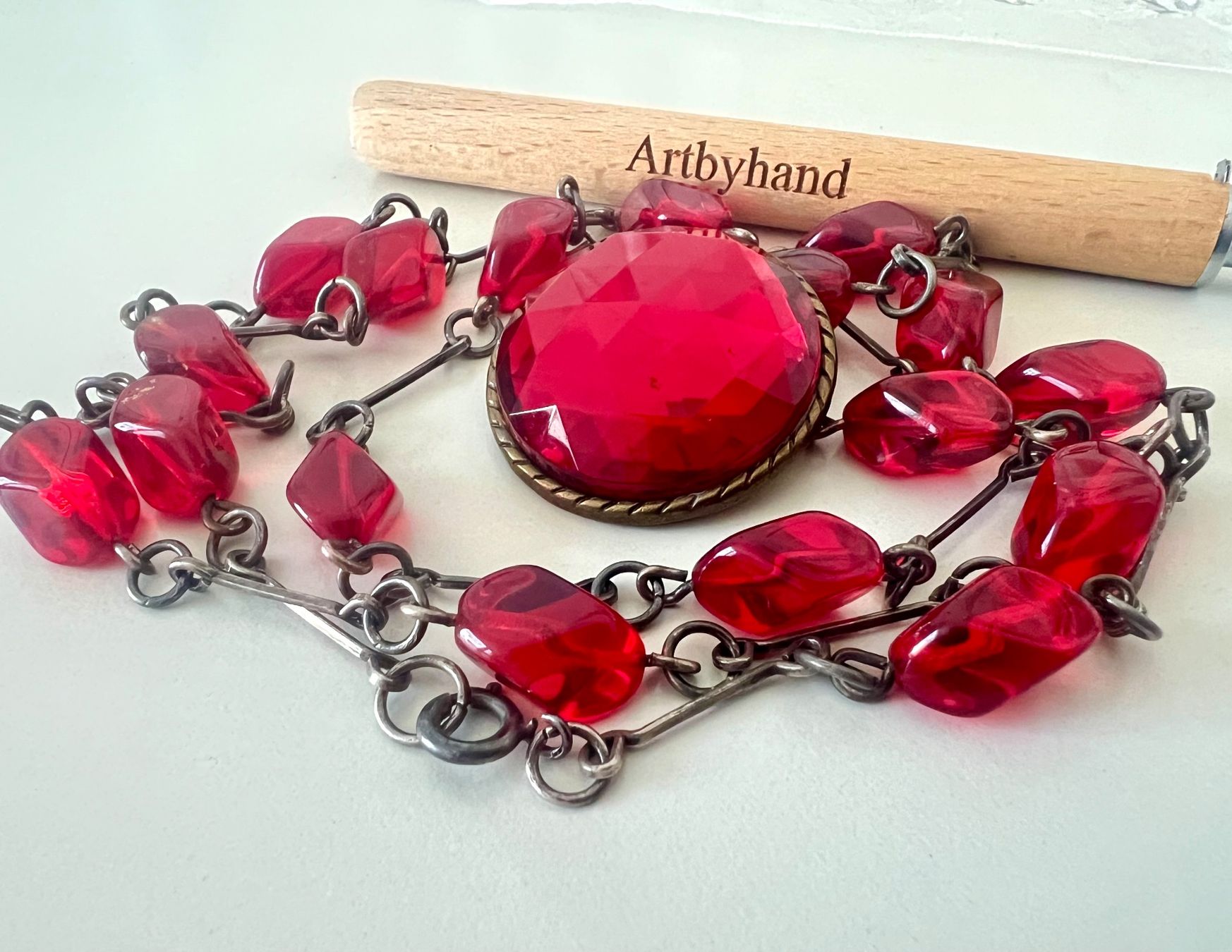 Autres bijoux: Vintage Kette & Brosche Rubinrot Glas leuchtendes Ensemble – D'occasion à Ruswil par artbyhand 4