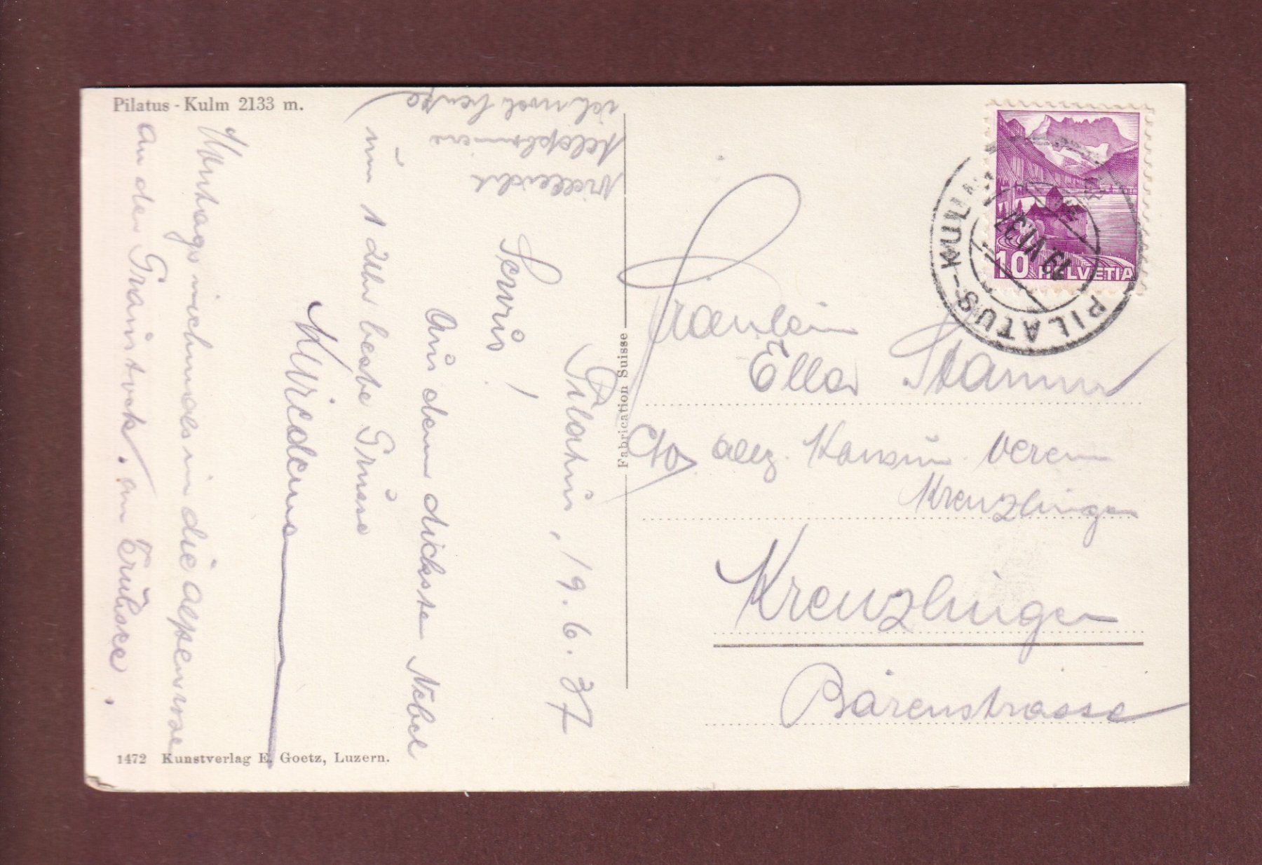 Cartoline postali: PILATUS-KULM - 1937 – Usato da Pully venduto da nicecards-shop 1